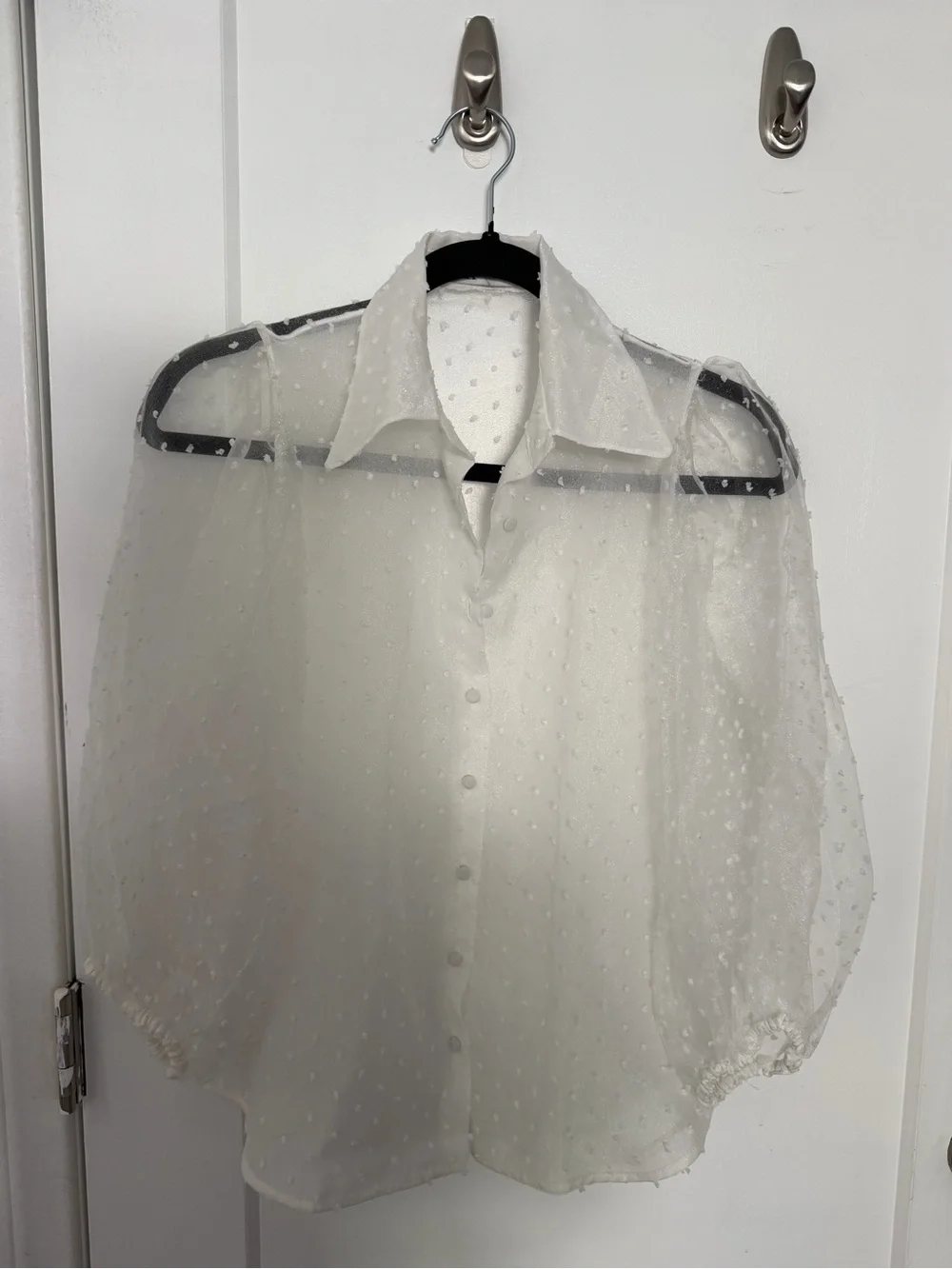 Zara White Swiss Dot Sheer Puff Sleeve Shirt